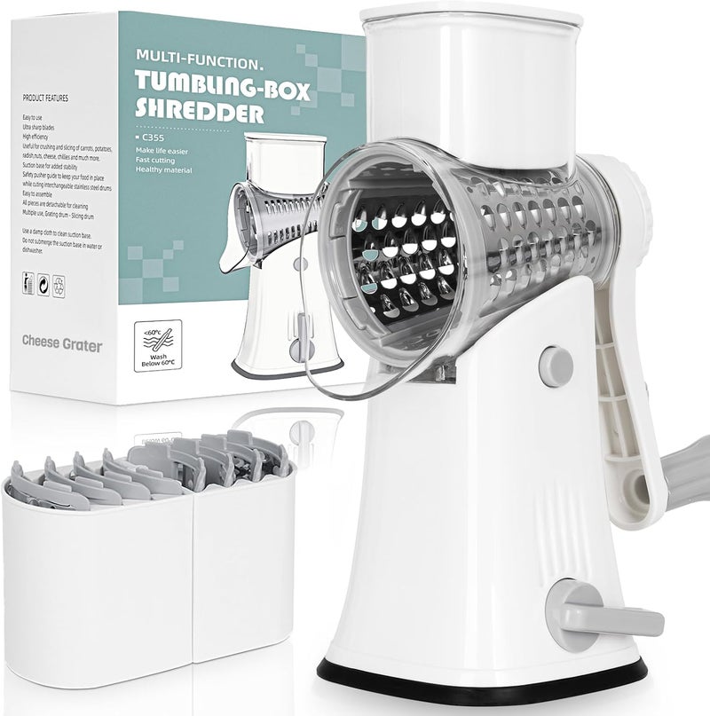 Nexsujo 5-in-1 Rotary Cheese Grater Hand Crank, Vegetable Slicer Shredder with 5 Interchangeable Blades, Graters for Kitchen, Safe Kitchen Tool for Cheese, Nuts, Chocolate, White - Image 1